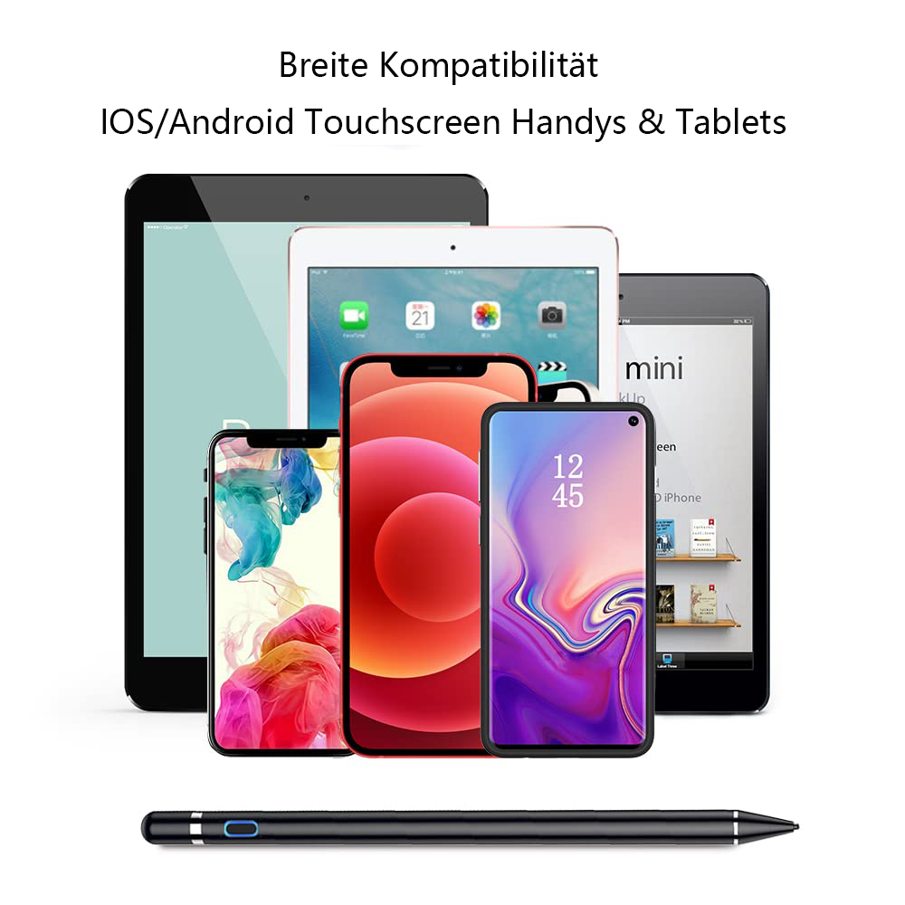 Smartphones und Tablets mit einem Stift, mit deutschem Text: iOS/Android Touchscreen Handys & Tablets.