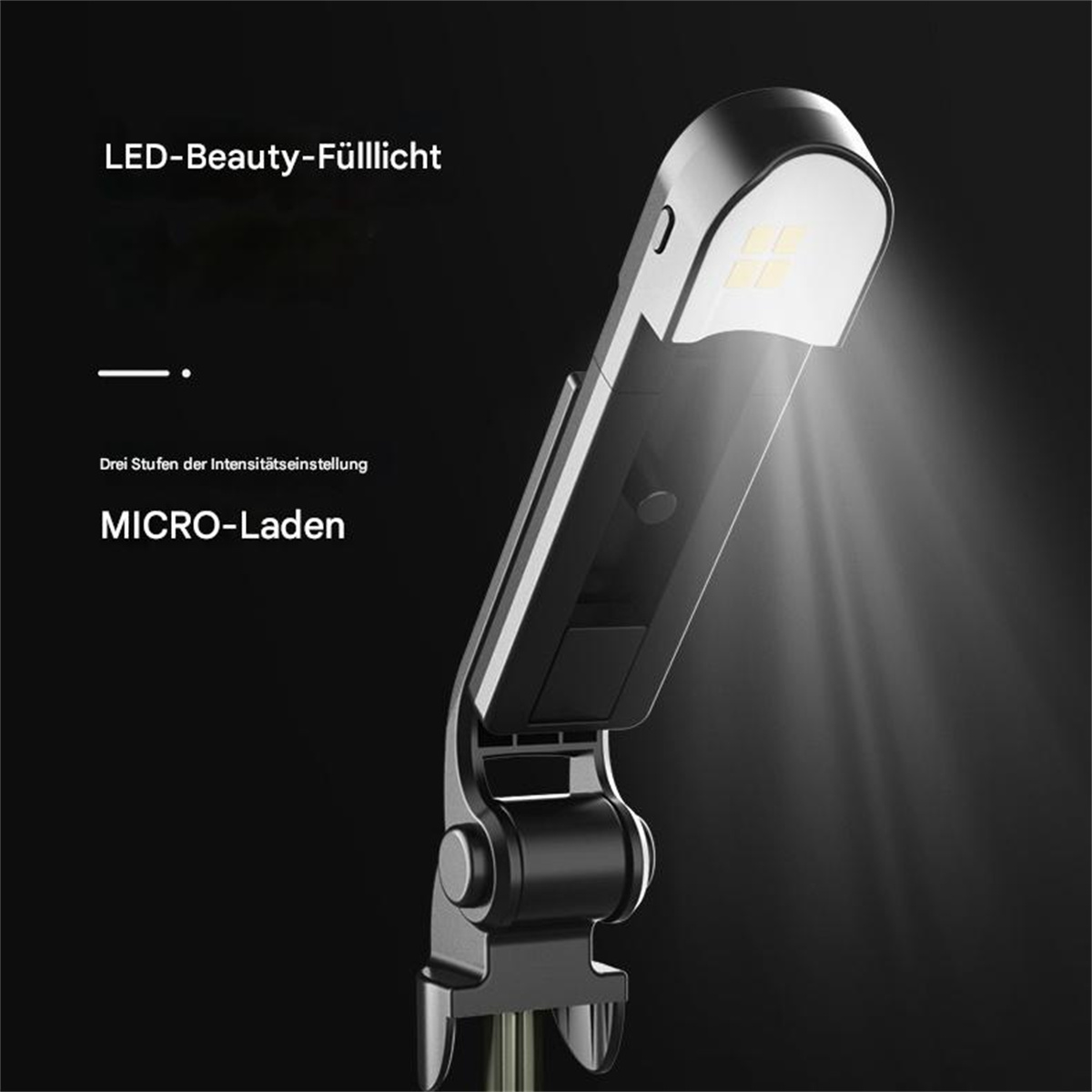 Ein schwarzes LED-Licht leuchtet. Text: LED-Beauty-Fülllicht, Drei Stufen der Intensitätseinstellung.