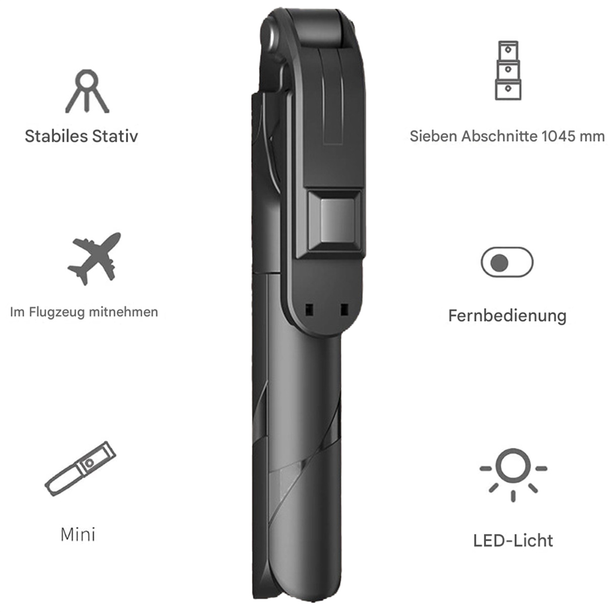 Ein schwarzer Selfie-Stick mit Symbolen für Stabilität, Flugzeug, Fernbedienung, Mini und LED-Licht.