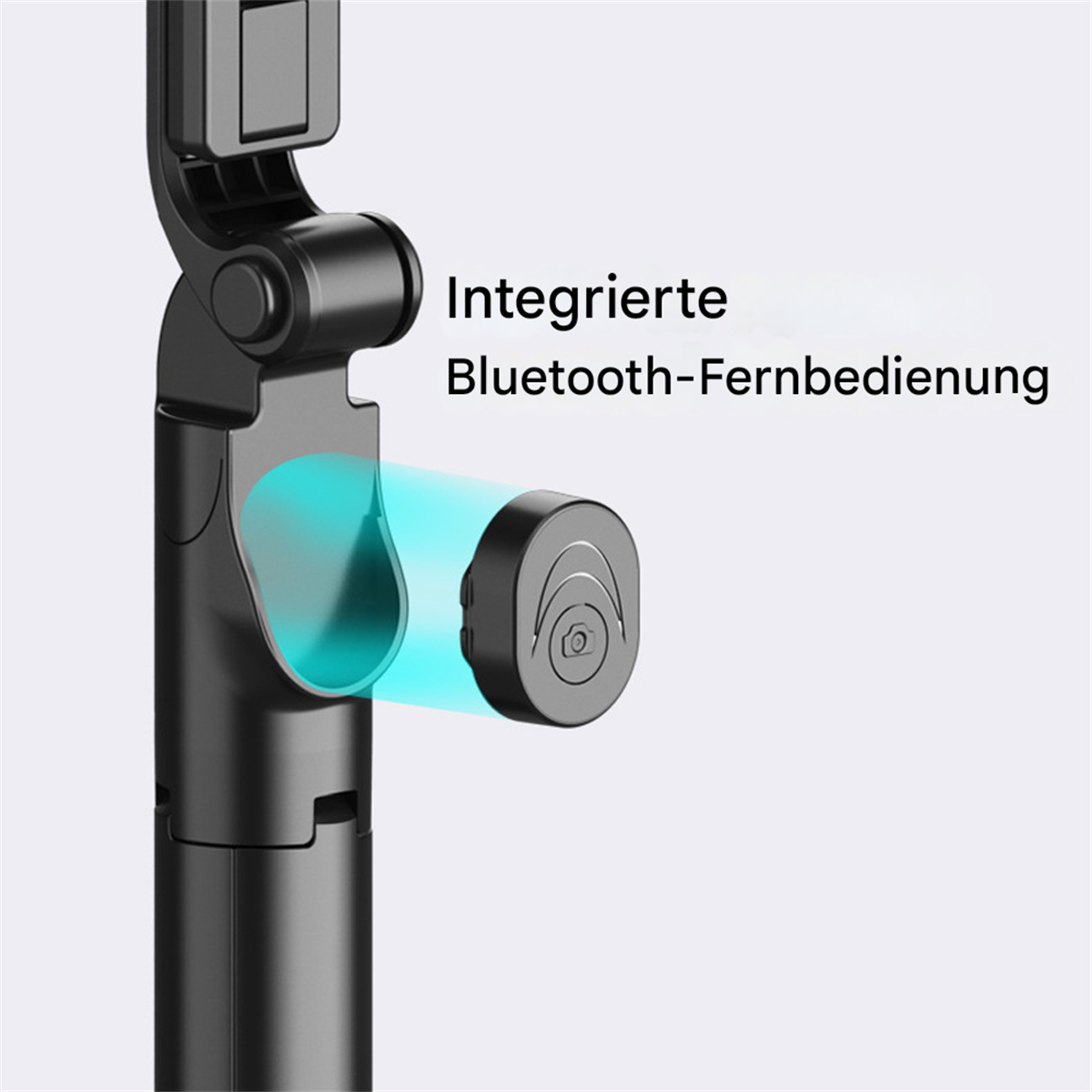 Nahaufnahme eines schwarzen Selfie-Sticks mit Bluetooth-Fernbedienung. Text: Integrierte Bluetooth-Fernbedienung.