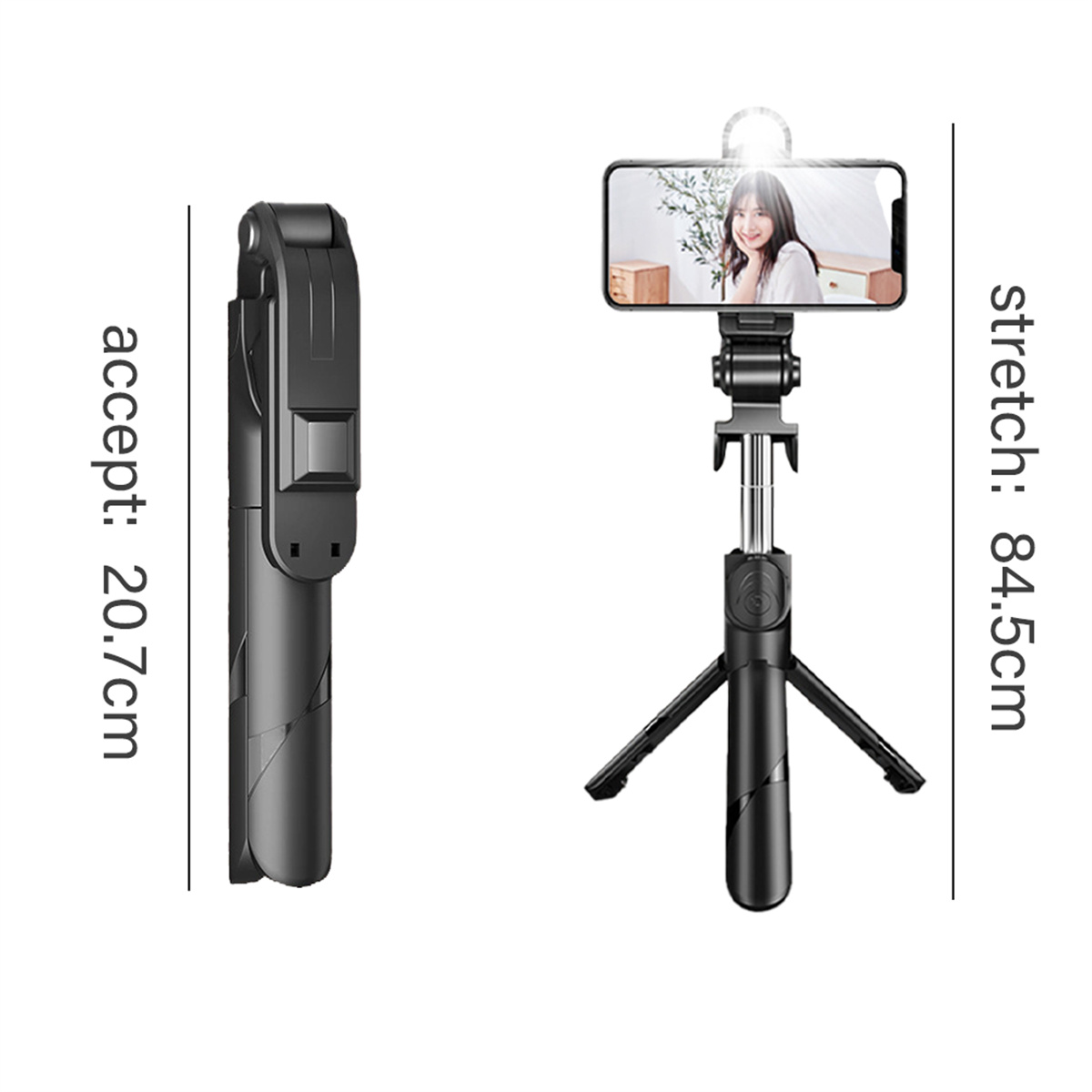 Schwarzer Selfie-Stick, gefaltet und ausgefahren, mit einem Telefon, das eine Frau zeigt.