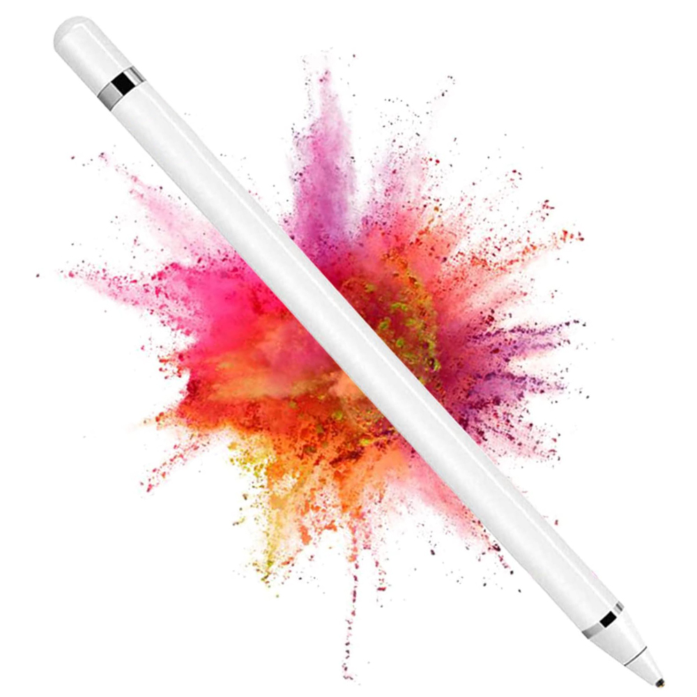 Weißer Stift, der diagonal über einen farbenfrohen Farbspritzer liegt. Weißer Hintergrund.