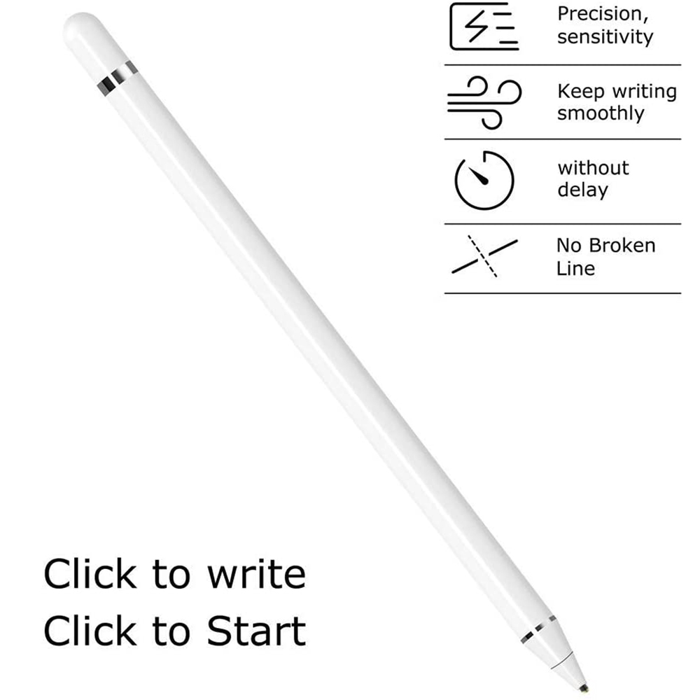 Weißer Stift mit Symbolen und Text über Präzision, flüssiges Schreiben und keine unterbrochenen Linien.
