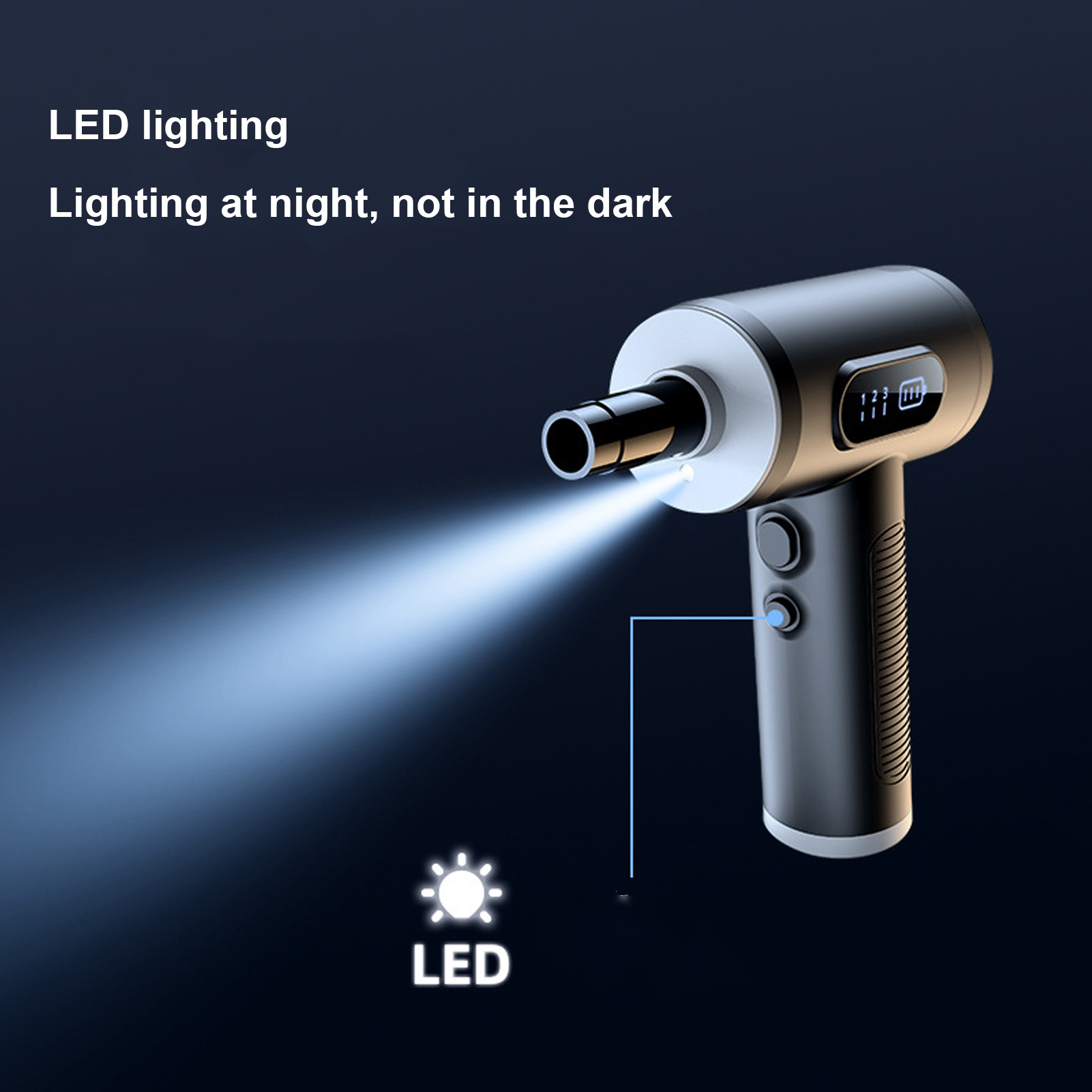 Eine schwarze Luftpumpe mit Lichtstrahl. Sie hat eine Digitalanzeige und eine Leuchtdiode (LED).