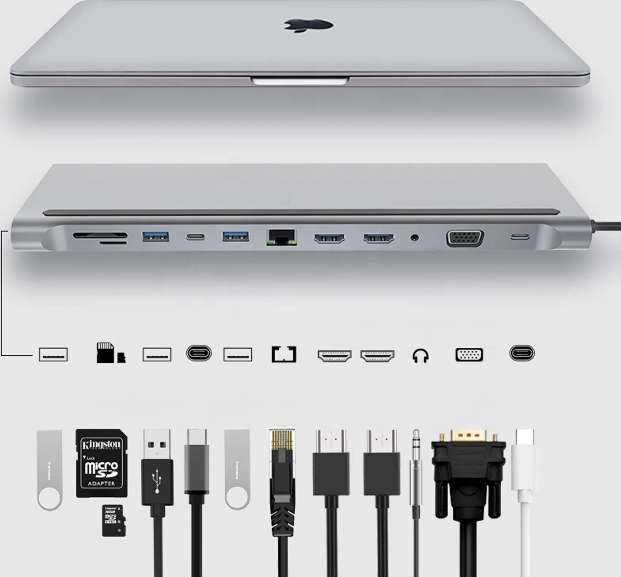 Ein Laptop mit verschiedenen Anschlüssen und Zubehör, darunter USB, HDMI und SD-Karte. Eine silberne Farbe.