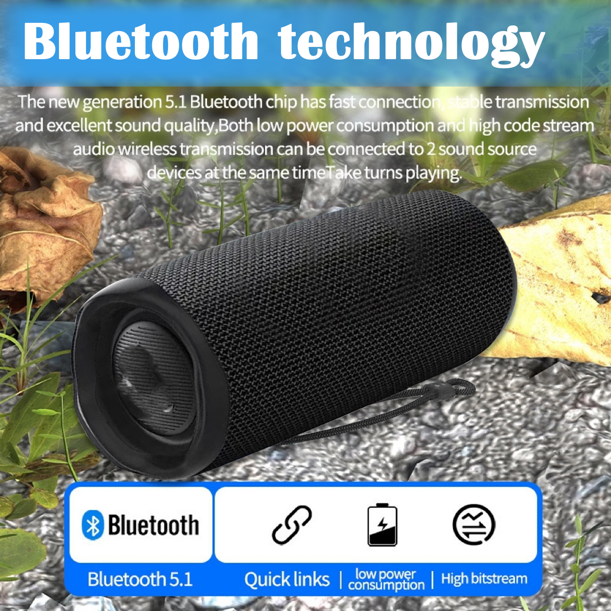 Schwarzer Bluetooth-Lautsprecher mit Text, der seine Funktionen beschreibt. Weißer Hintergrund mit Bluetooth-Logo.
