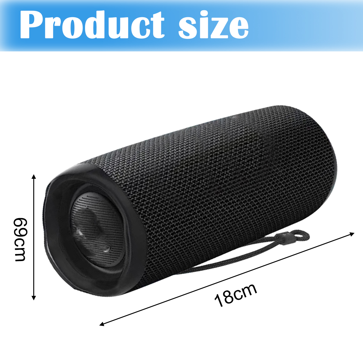 Schwarzer zylindrischer Lautsprecher mit Größenangaben: 69 cm Höhe, 18 cm Länge.