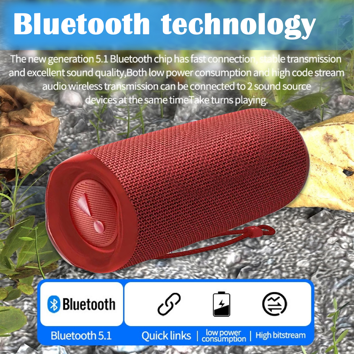Roter tragbarer Lautsprecher. Bluetooth, Schnellverbindungen, geringer Stromverbrauch und High-Bitstream-Symbole.