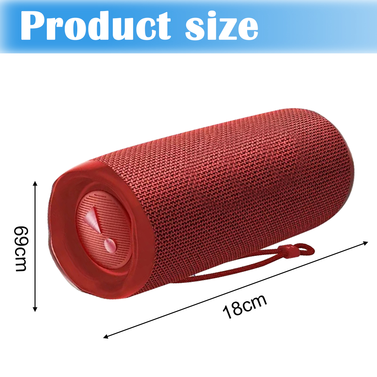 Ein roter tragbarer Lautsprecher mit beschrifteten Abmessungen, 69 cm Höhe und 18 cm Länge, vor weißem Hintergrund.