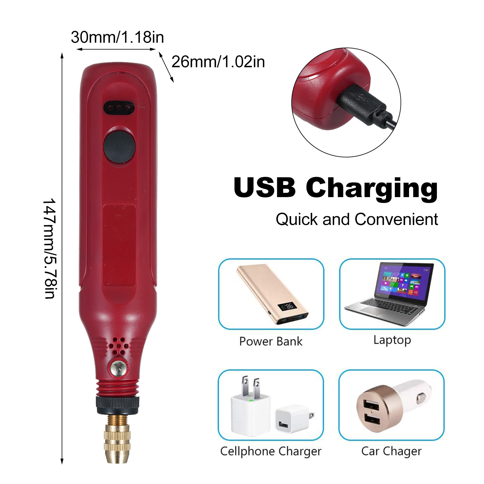 Rotes USB-Lade-Rotationswerkzeug mit Abmessungen und verschiedenen Lademethoden.