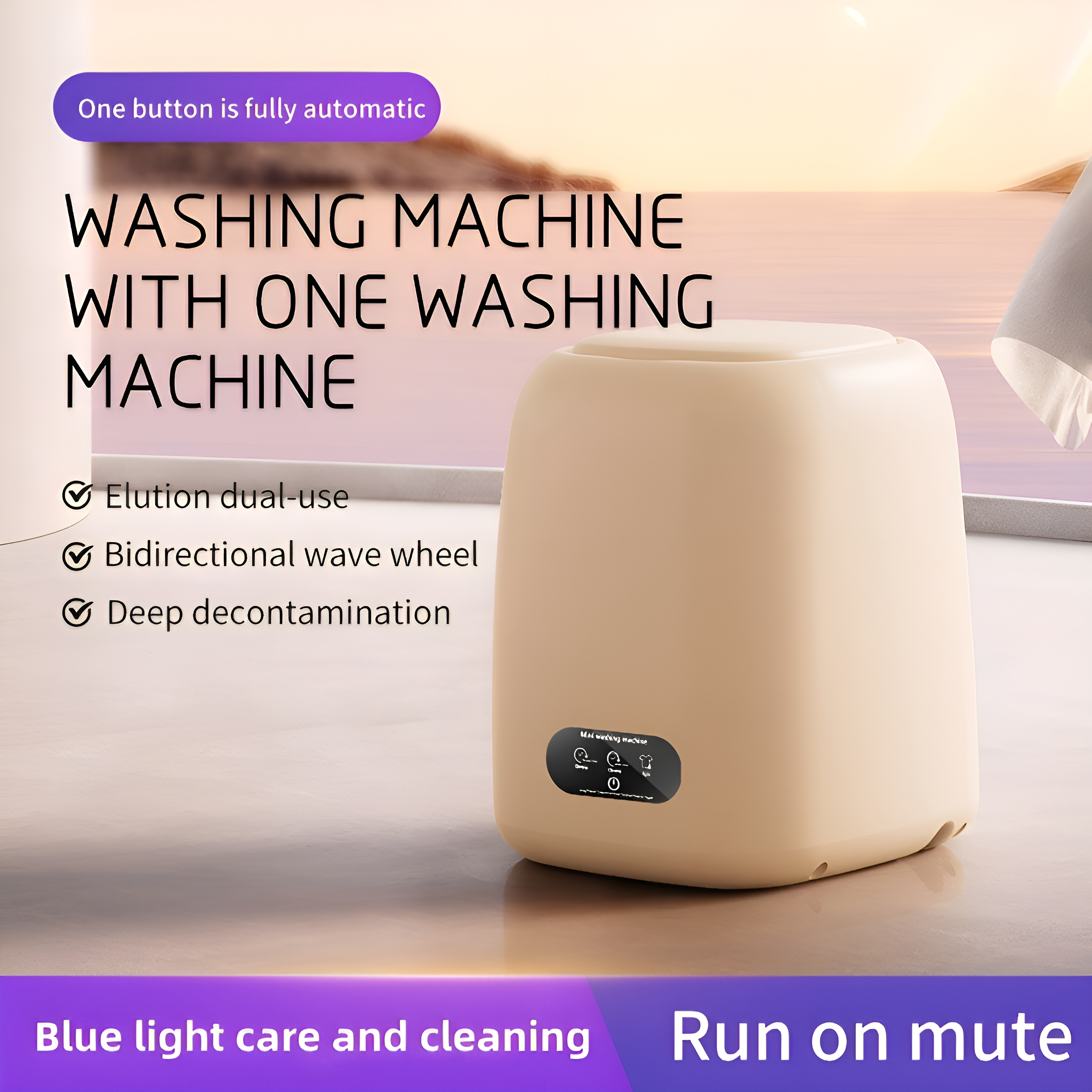 Kleine Waschmaschine mit Bedienfeld, beige Farbe, weißer Hintergrund.