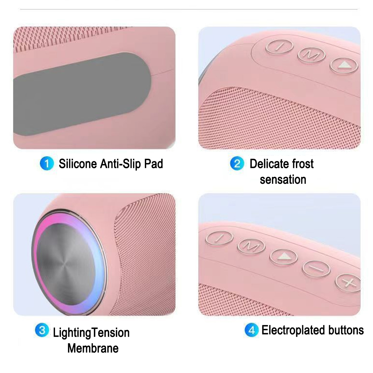 Ein rosa Lautsprecher mit Tasten, darunter ein Silikon-Anti-Rutsch-Pad und galvanisierte Tasten.