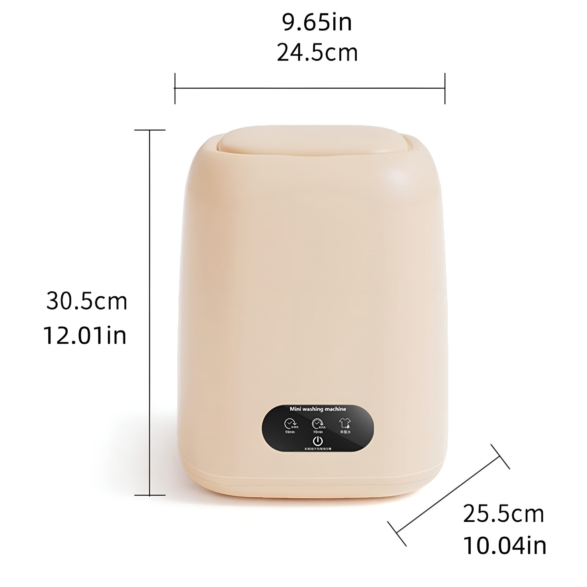 Eine beige Mini-Waschmaschine mit Maßangaben wird vor weißem Hintergrund gezeigt.