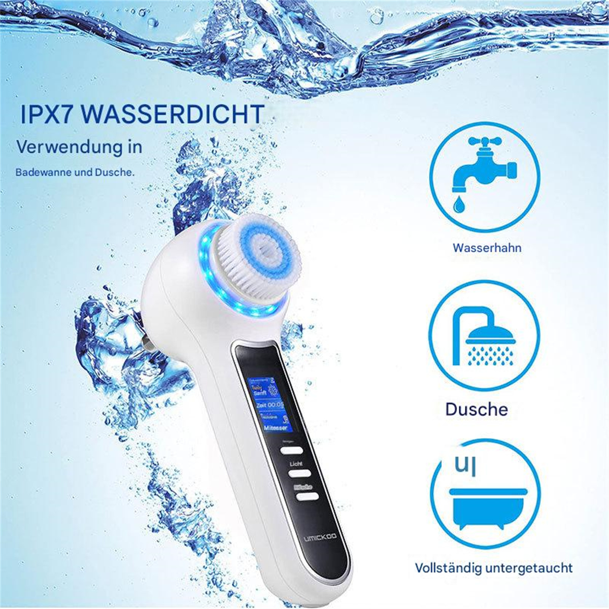 Eine weiße Gesichtsbürste mit Bildschirm, Symbolen und Wassertropfen mit Text.