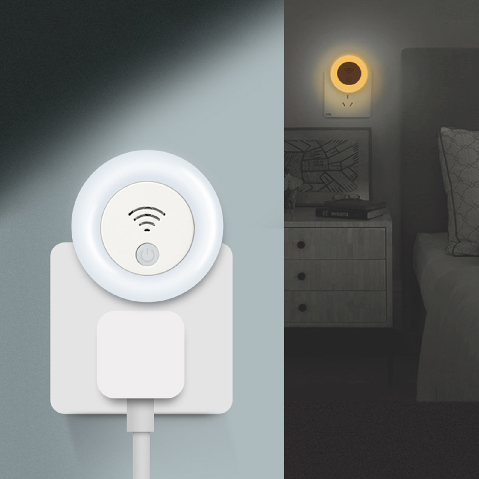 Ein weißes Nachtlicht, das in eine Steckdose gesteckt ist. Es hat ein WLAN-Symbol und ein Licht, das eingeschaltet ist.