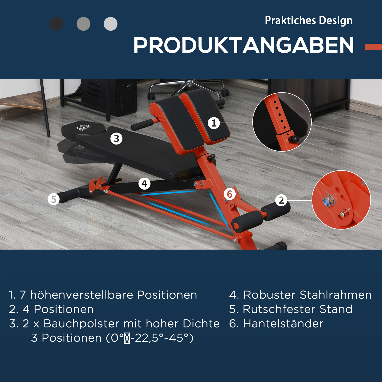 Trainingsbank mit orangefarbenen und schwarzen Akzenten, mit Etiketten und Diagrammen.