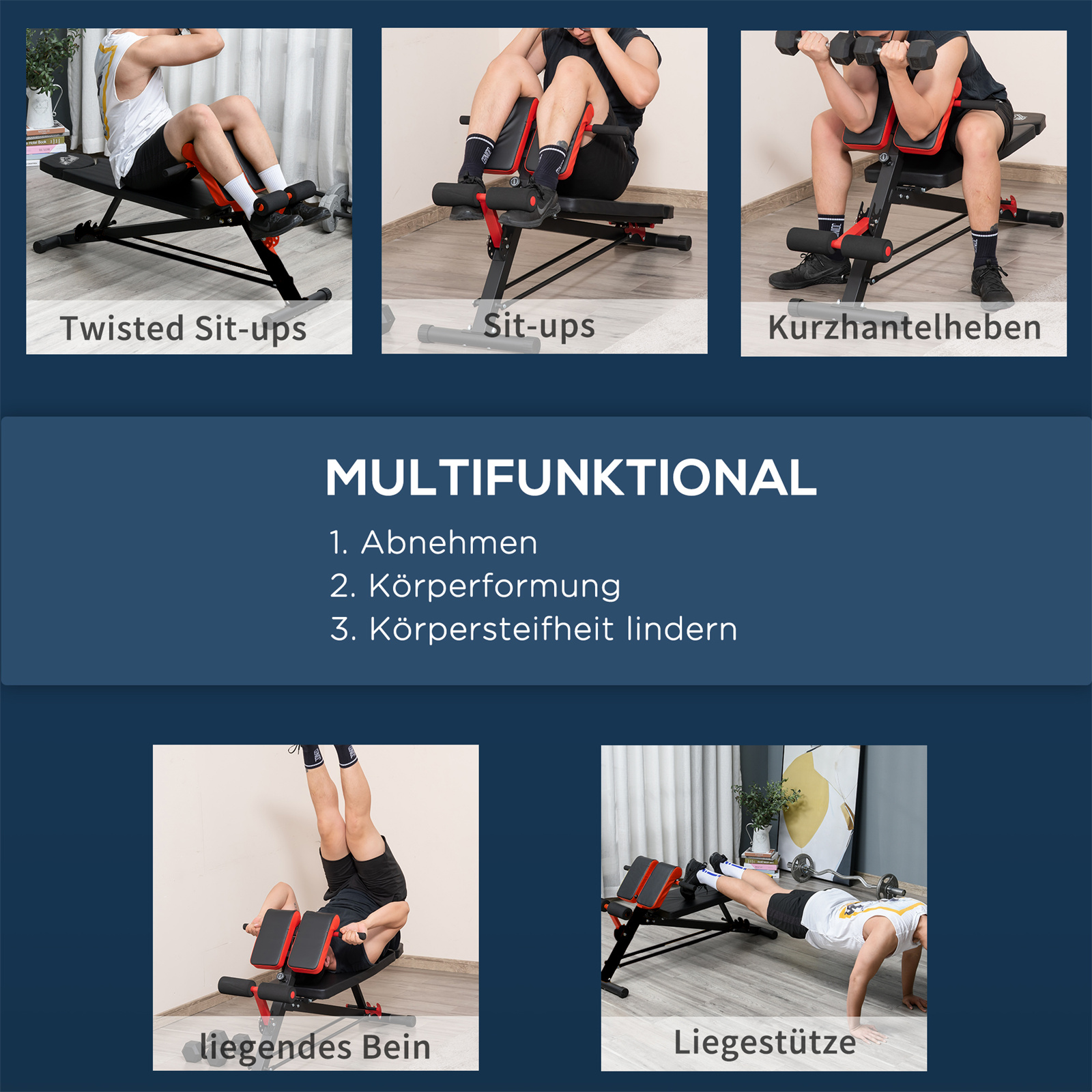 Mehrere Bilder einer Fitnessbank mit verschiedenen Übungen: Sit-ups, Beinheben und Hantelübungen.