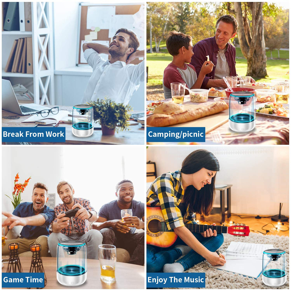 Vier Bilder, die verschiedene Szenarien zeigen: Arbeiten, Camping/Picknick, Spielen und Musik hören.