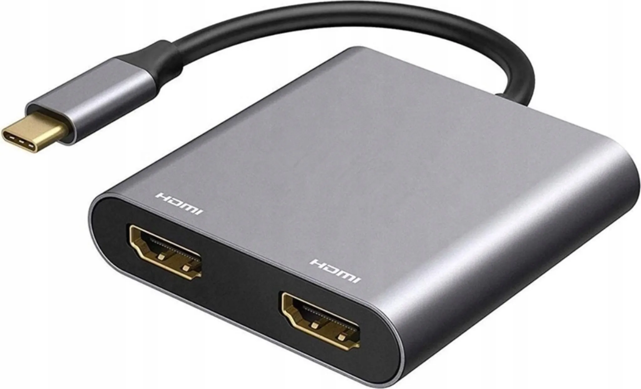 Grauer USB-C-zu-HDMI-Adapter mit zwei HDMI-Anschlüssen und einem USB-C-Anschluss.