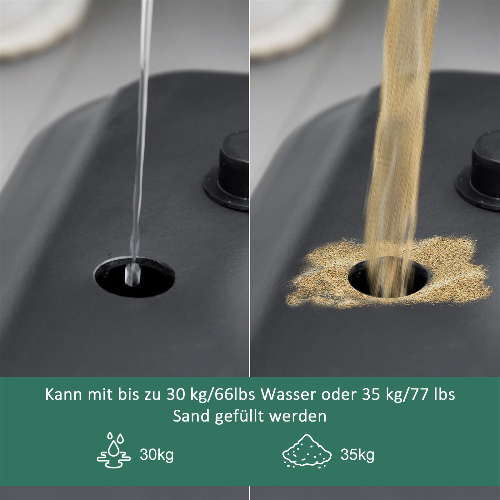 Zwei Behälter zeigen Wasser und Sand, die in ein Loch gegossen werden. Text gibt die Kapazität an.