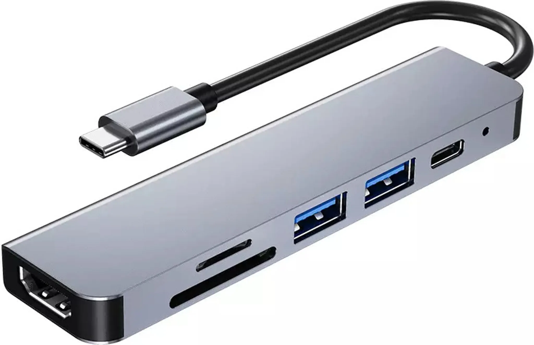Silberner USB-Hub mit mehreren Anschlüssen, einschließlich USB, HDMI und SD-Kartensteckplatz. Schwarzes Kabel.