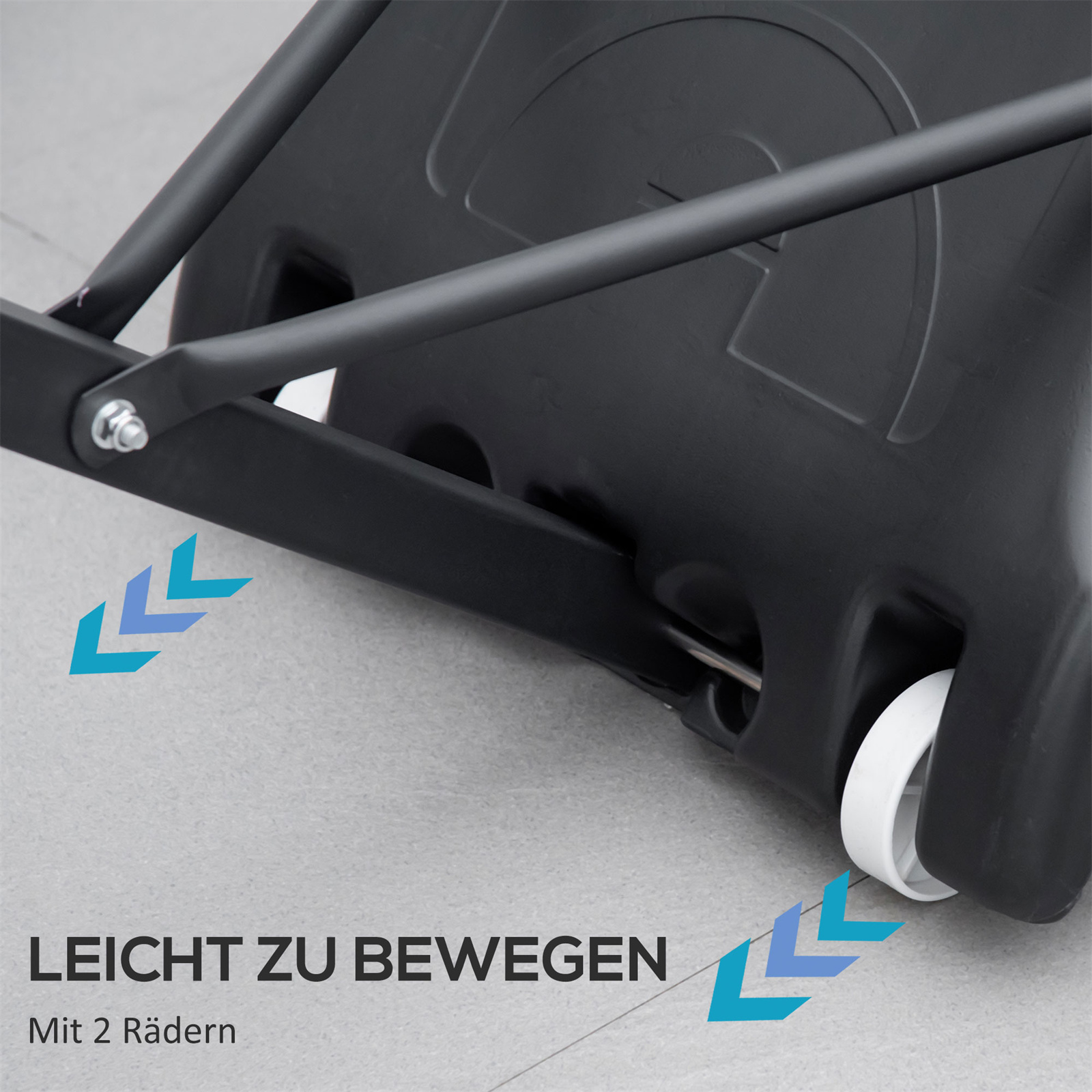 Schwarze Basis mit Rädern, Pfeile zeigen Bewegung an, Text auf Deutsch.
