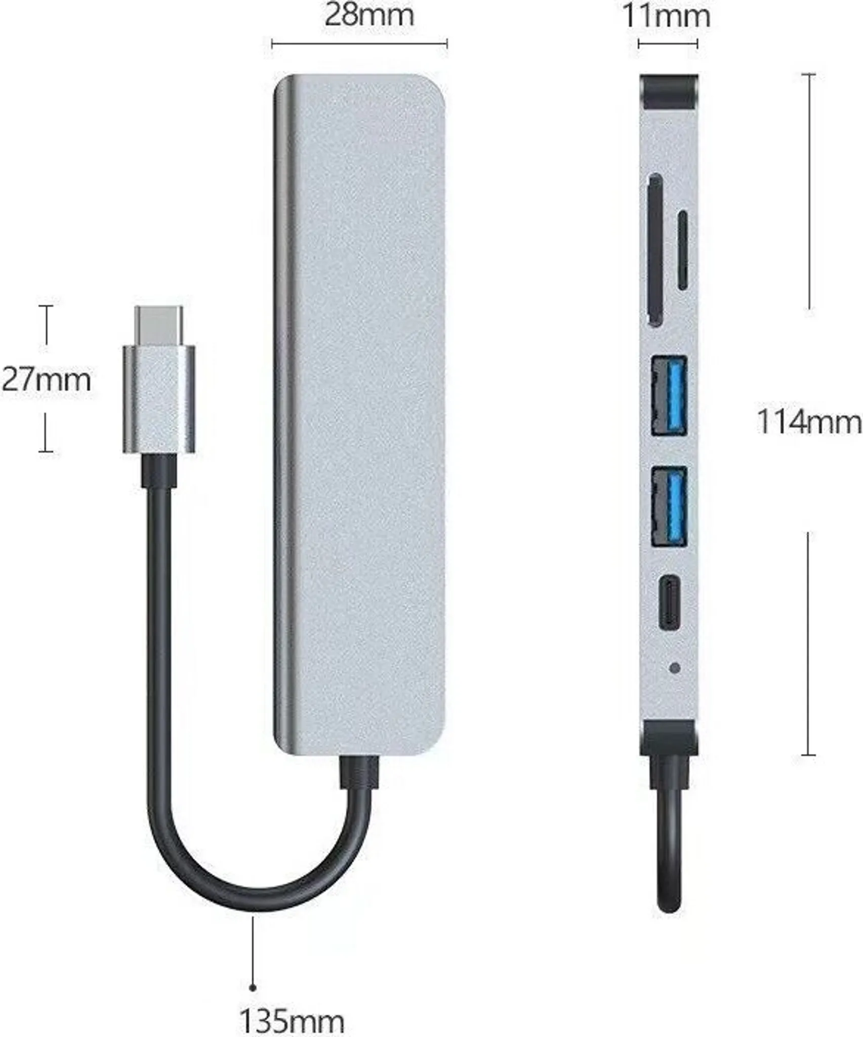 Silberner USB-Hub mit Maßen. Er hat mehrere Anschlüsse und einen USB-C-Anschluss.