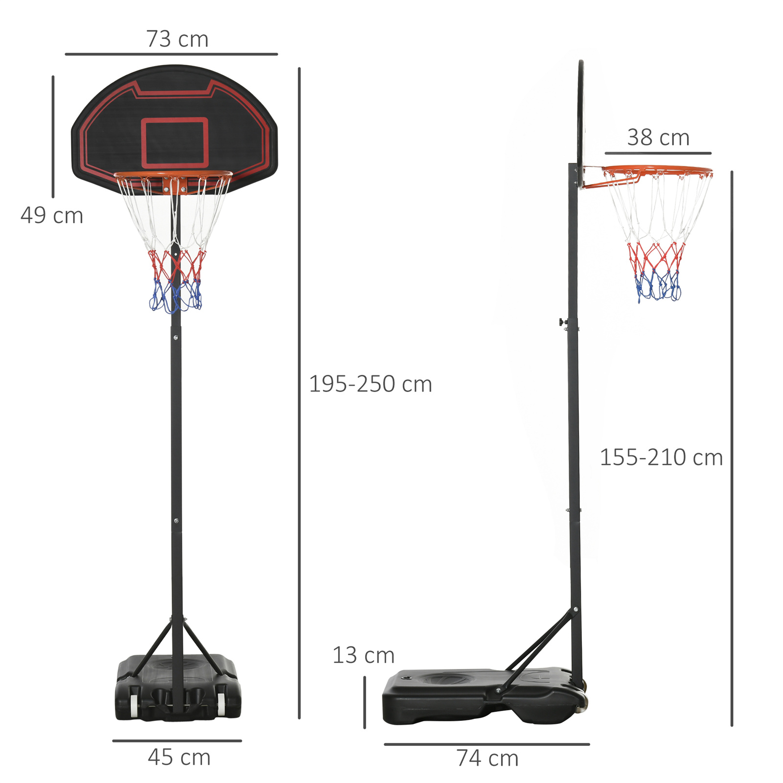 Zwei Basketballkörbe mit Abmessungen. Einer steht, der andere ist die Seitenansicht desselben.