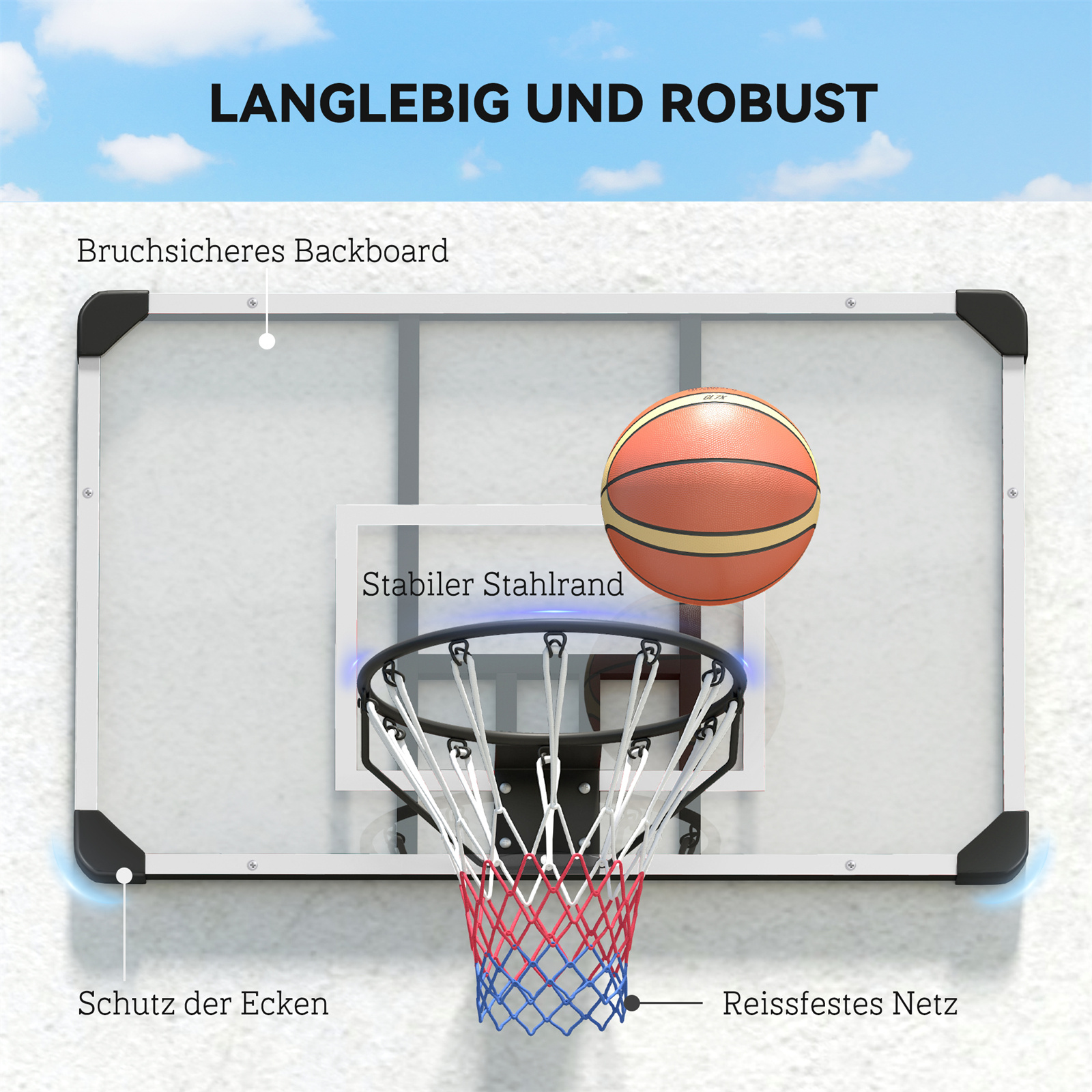 Basketballkorb mit Netz und Rückwand, Text auf Deutsch.