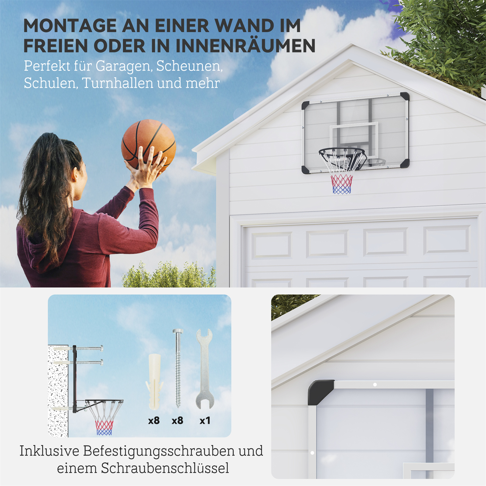 Eine Frau wirft einen Basketball in einen Korb an einer weißen Garage.