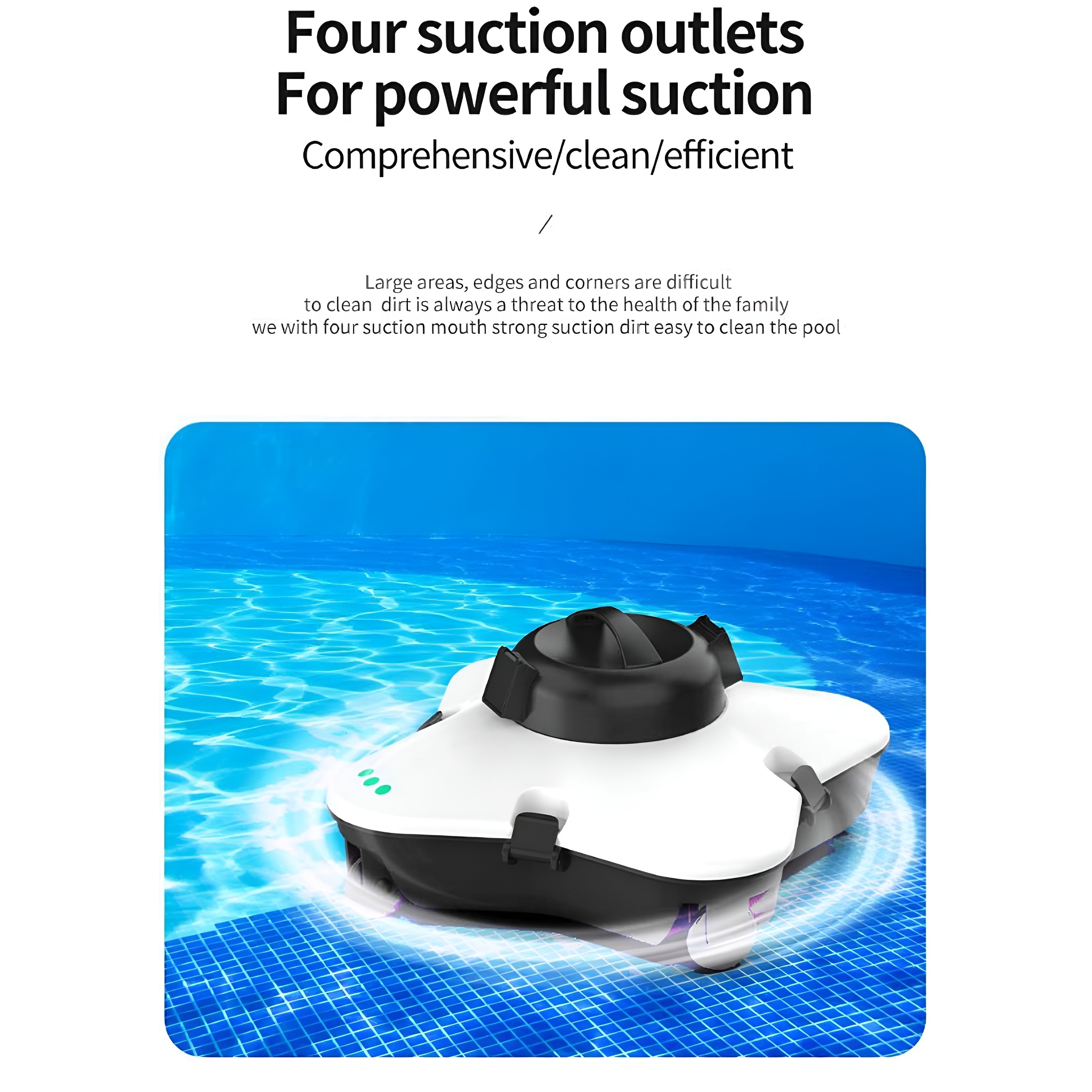 Poolroboter in einem Pool mit Text über Absaugung und Reinigung.