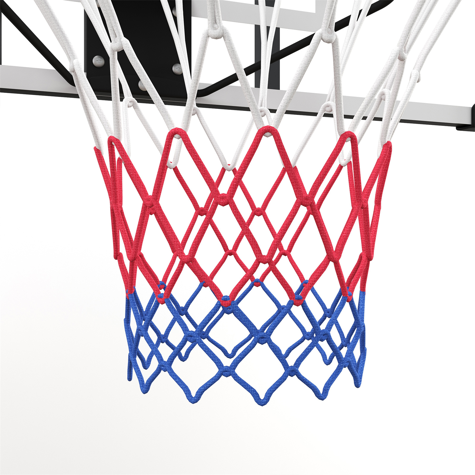 Basketballkorbnetz mit roten und blauen Abschnitten, an einer weißen Platte befestigt.