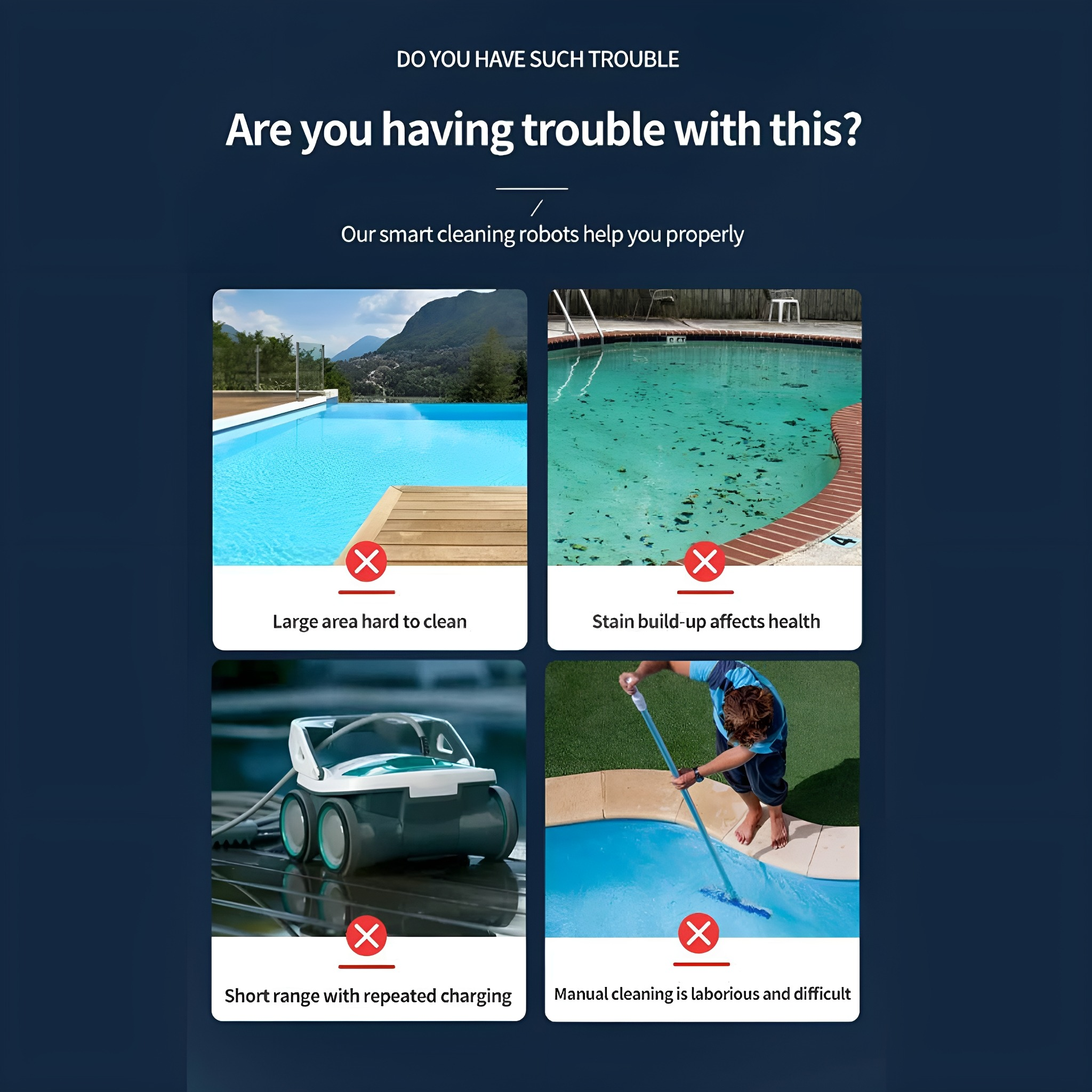 Bilder zeigen Probleme bei der Poolreinigung und die Lösung: ein Reinigungsroboter.