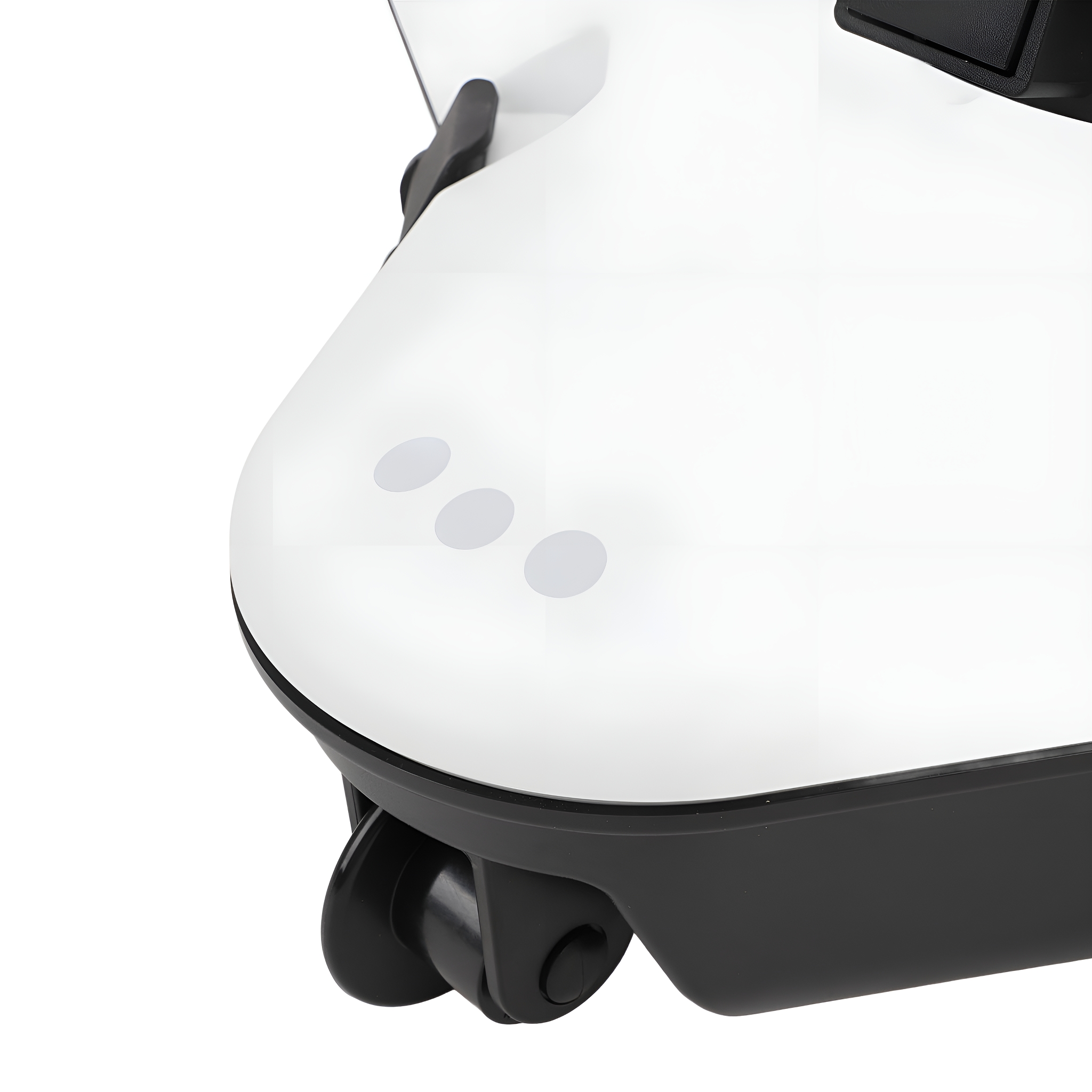 Weiße Roboter-Staubsaugerbasis mit drei Lichtern und einem Rad auf weißem Hintergrund.