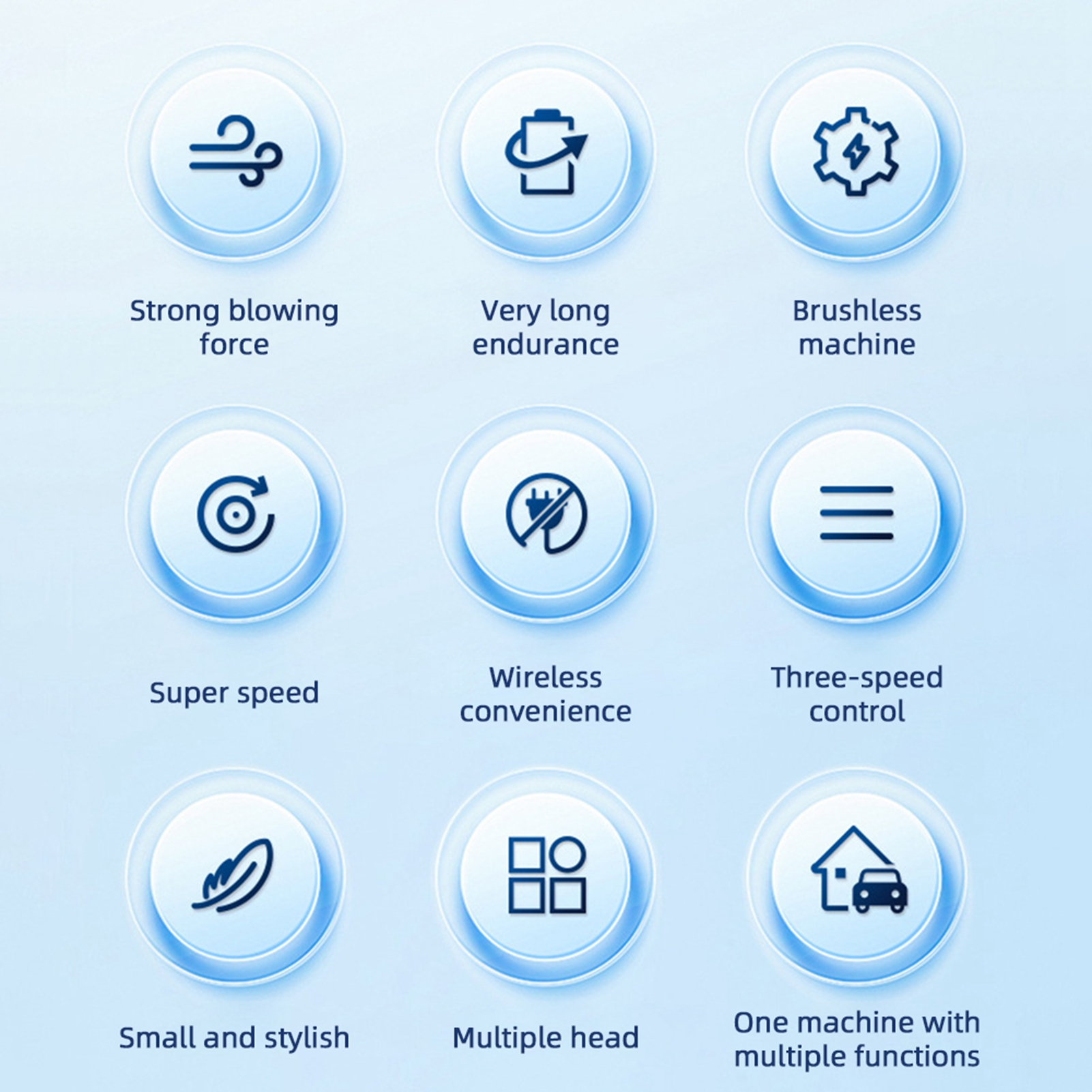 Neun Icons mit Beschreibungen: Blasstärke, Ausdauer, bürstenlose Maschine, Superspeed, kabellos.