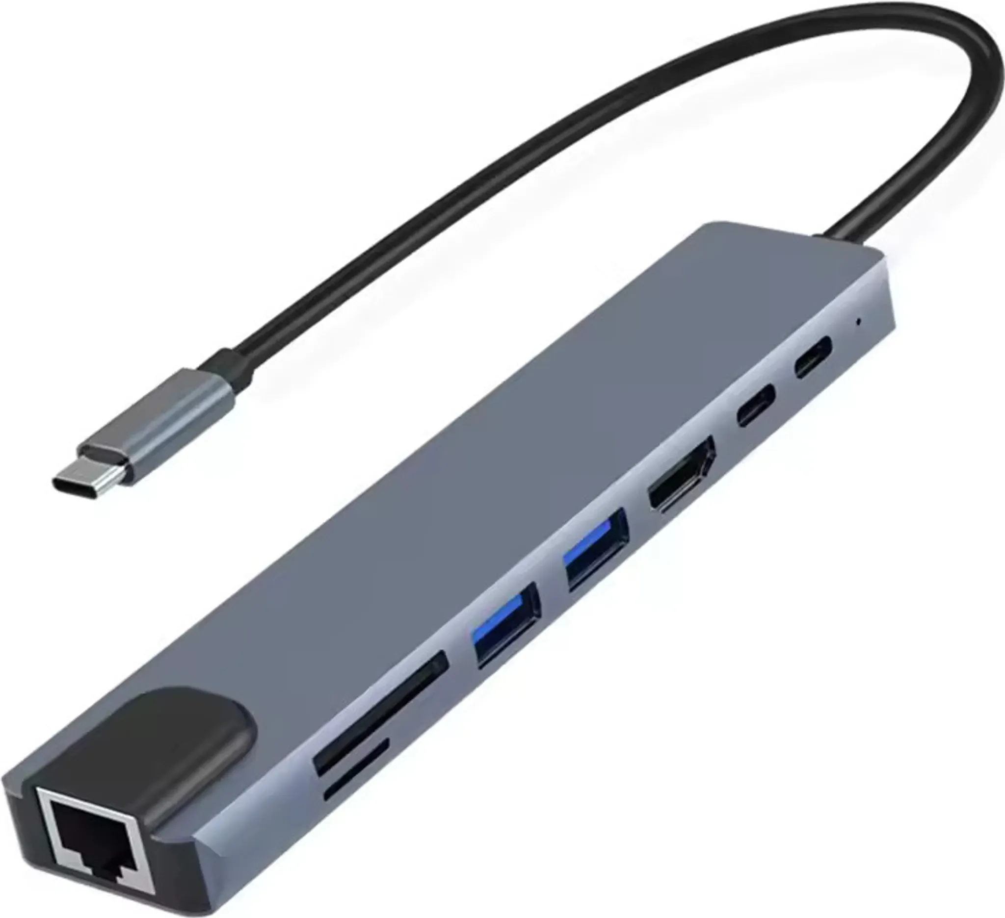 Ein grauer USB-C-Hub mit mehreren Anschlüssen, darunter HDMI und USB.