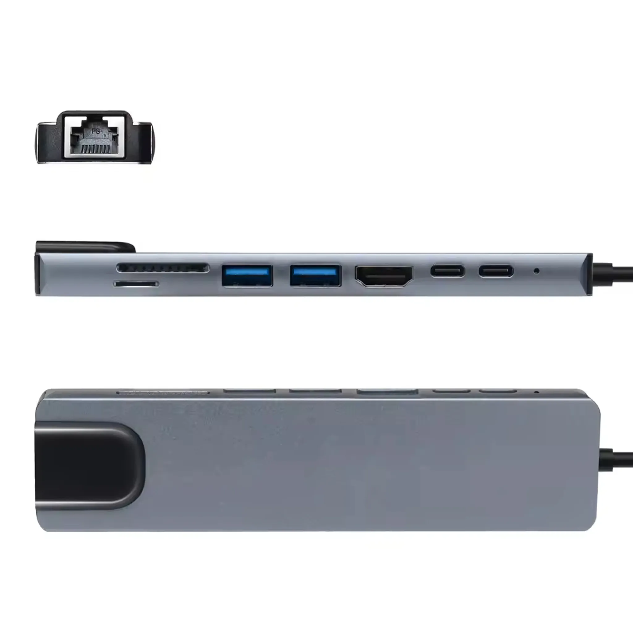 Ein silberner Hub mit mehreren Anschlüssen. Zu den Anschlüssen gehören USB, HDMI und Ethernet. Ansichten von oben und unten.