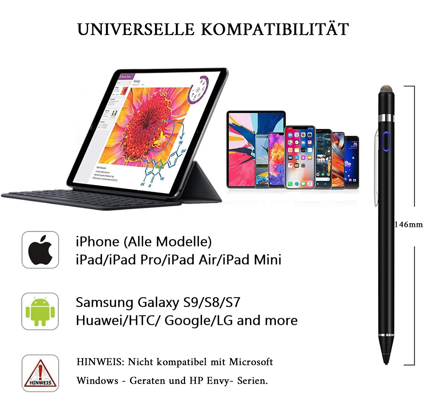 Bild zeigt ein Tablet und Telefone mit einem Stift. Text erklärt die Kompatibilität. Ein Stift rechts.