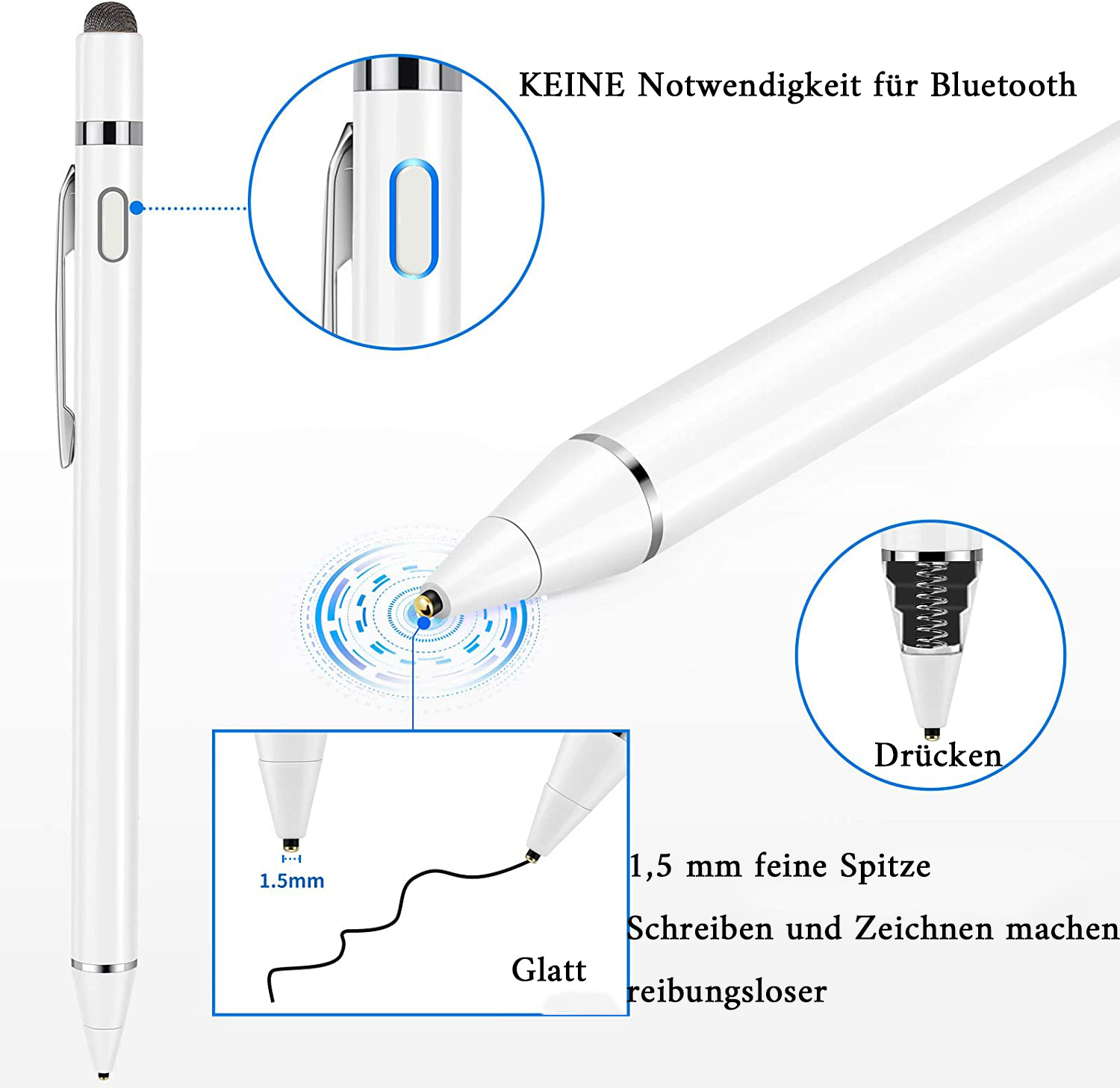 Weißer Stift mit einer 1,5 mm Spitze. Details werden mit blauen Linien und Text auf Deutsch gezeigt.