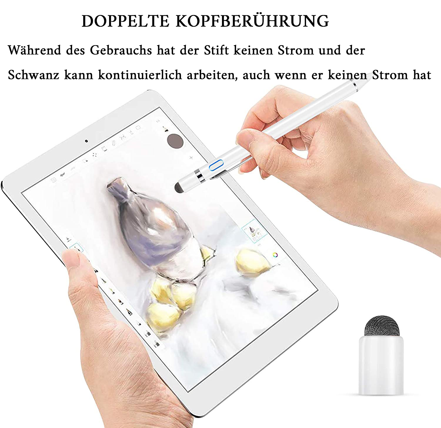 Ein weißer Eingabestift mit einem Tablet, das eine Hand beim Zeichnen auf dem Bildschirm zeigt.