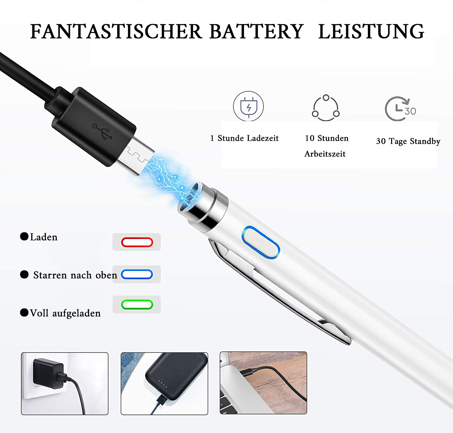 Ein weißer Stift, der mit einem USB-Ladekabel verbunden ist. Das Bild zeigt den Ladestatus mit LEDs.