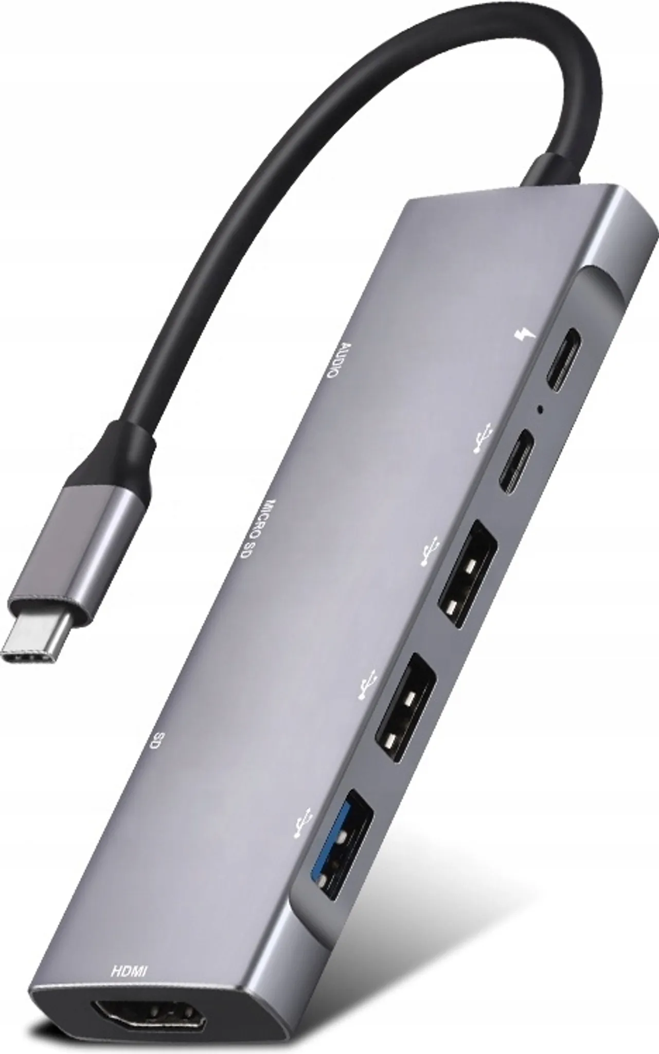 Ein silberner USB-C-Hub mit mehreren Anschlüssen und einem schwarzen Kabel.