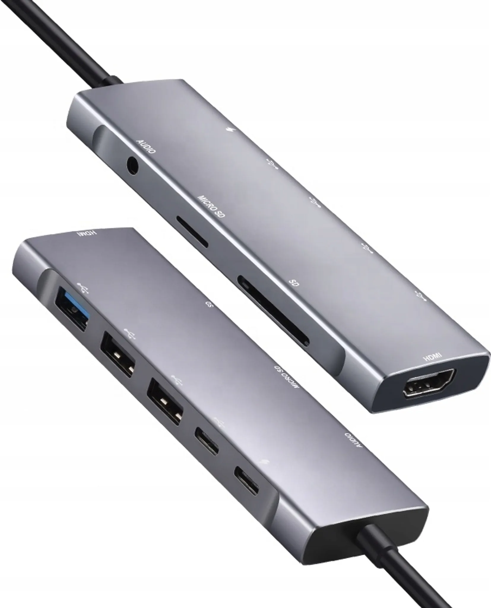 Silberner USB-Hub mit mehreren Anschlüssen: HDMI, USB, SD, MicroSD und Audio.