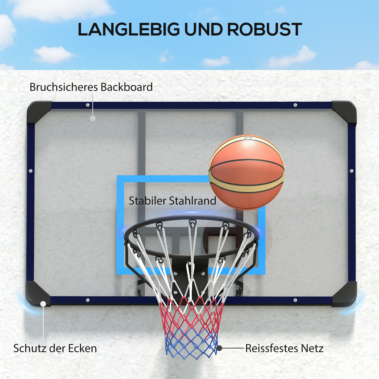 Basketballkorb an einer Wand mit einem Ball in der Luft, blaue Box mit Text.