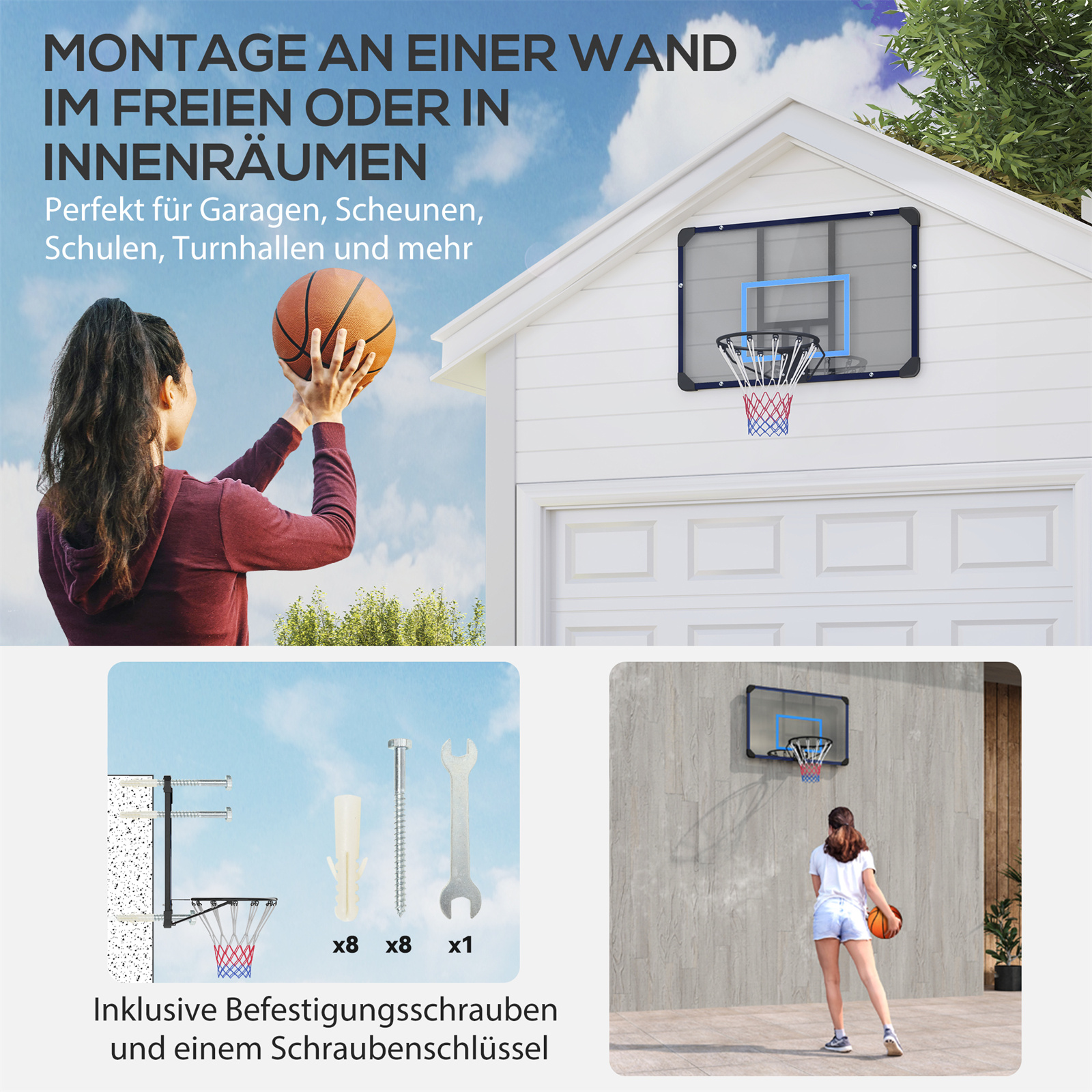 Frau wirft Basketball in einen Korb über einem Garagentor. Illustration von Montageschrauben und Schraubenschlüssel.