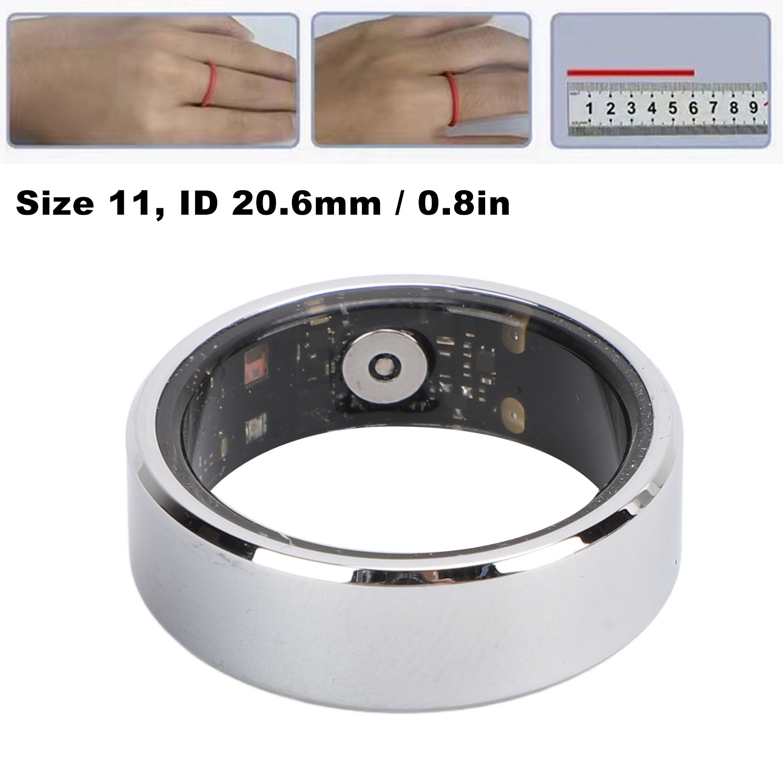 Ein silberner Ring mit schwarzem Innenraum und elektronischen Bauteilen wird in drei Ansichten und einer Größenreferenz gezeigt.