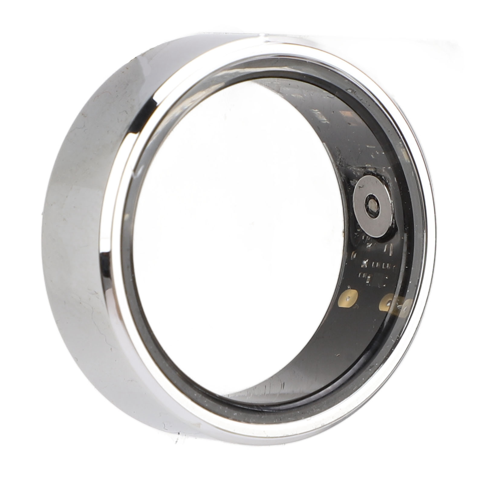Silberner Smartring mit schwarzem Innenraum. Der Ring ist auf weißem Hintergrund isoliert.