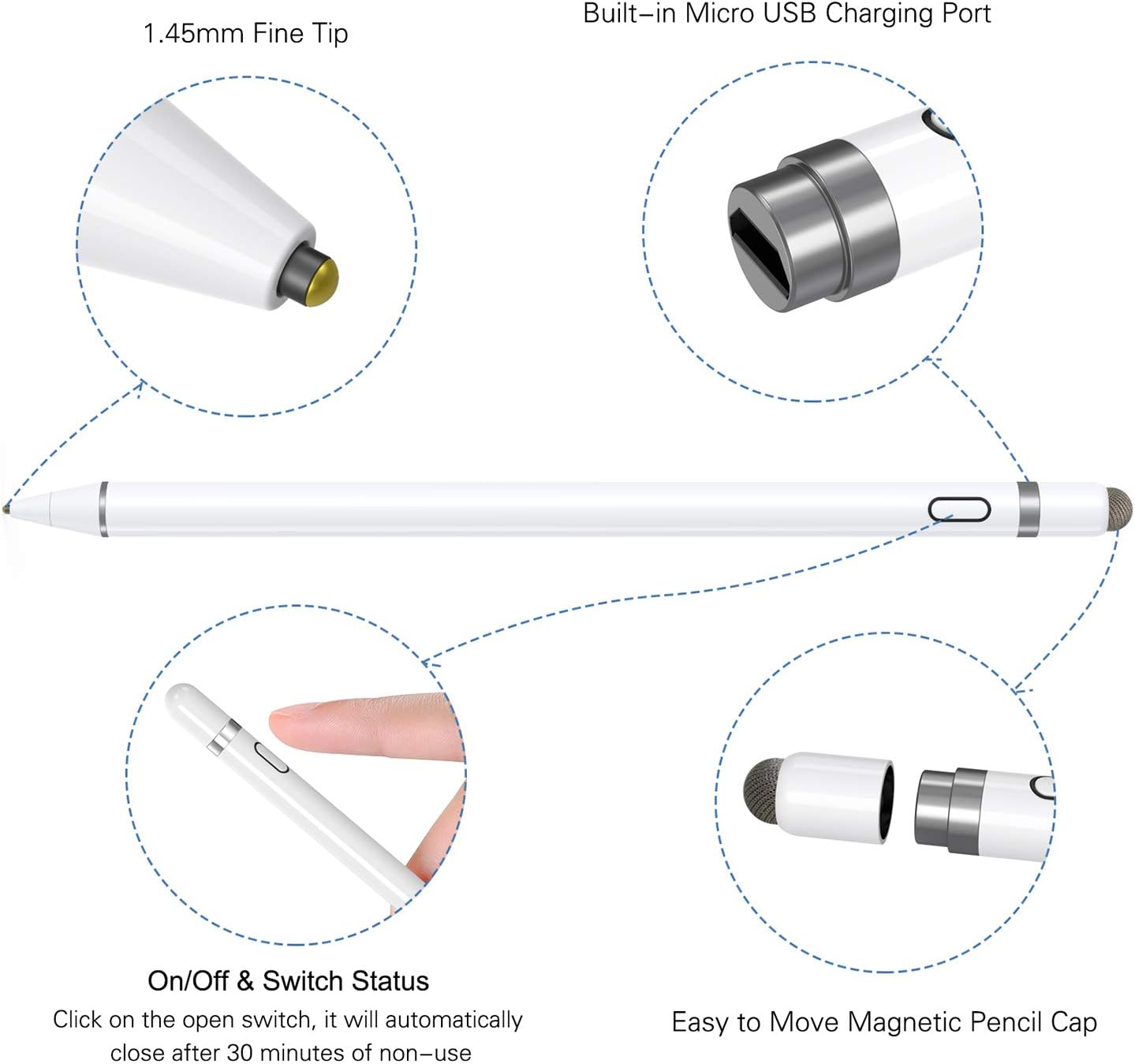 Ein weißer Stift mit Details zu Spitze, Ladeanschluss und Schalterstatus sowie einer Magnetkappe.