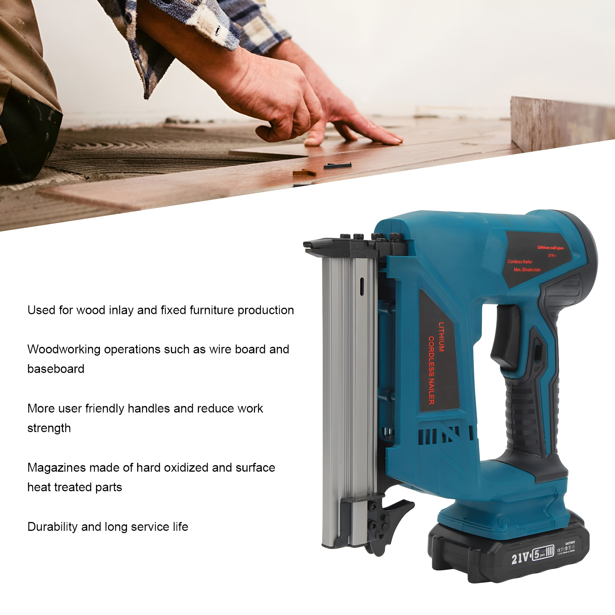 Eine türkisfarbene Akku-Nagelmaschine mit schwarzem Griff wird gezeigt, Holzstücke befinden sich im oberen Hintergrund.