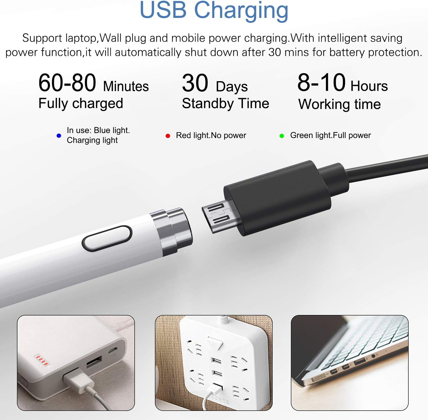 USB-Ladeaufbau: USB-Kabel an ein Gerät angeschlossen, Text zeigt Ladezeit und Stromquellenoptionen an.